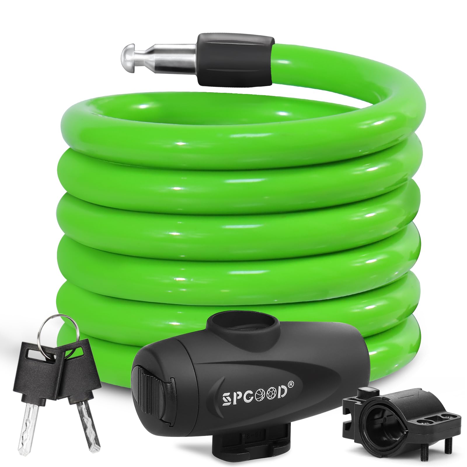 SPGOOD Bike Lock 1200mm/12mm with 2 Keys,Steel Cycling Bicycle Cable Lock High Security with Mounting Bracket,Lightweight Coiling Cable Lock for Bike,Scooter,Skateboard,Gate,Door (A-Green)