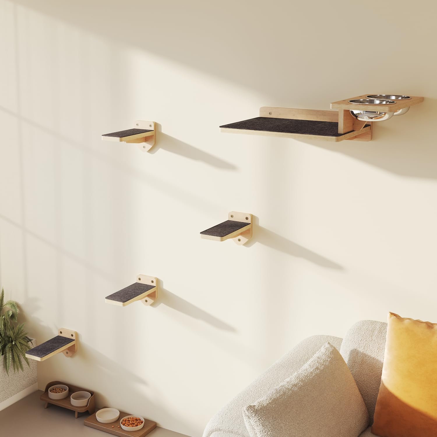 Photo 1 of Missing feeding bowls and wooden piece to mount the steps to the wall---------------------------------------------------------------------------------------MeowHomm Cat Wall Shelves, Wood Cat Feeding Shelf with 4 Non-Slip Steps, 2 Food Bowls, Wall-Mounted