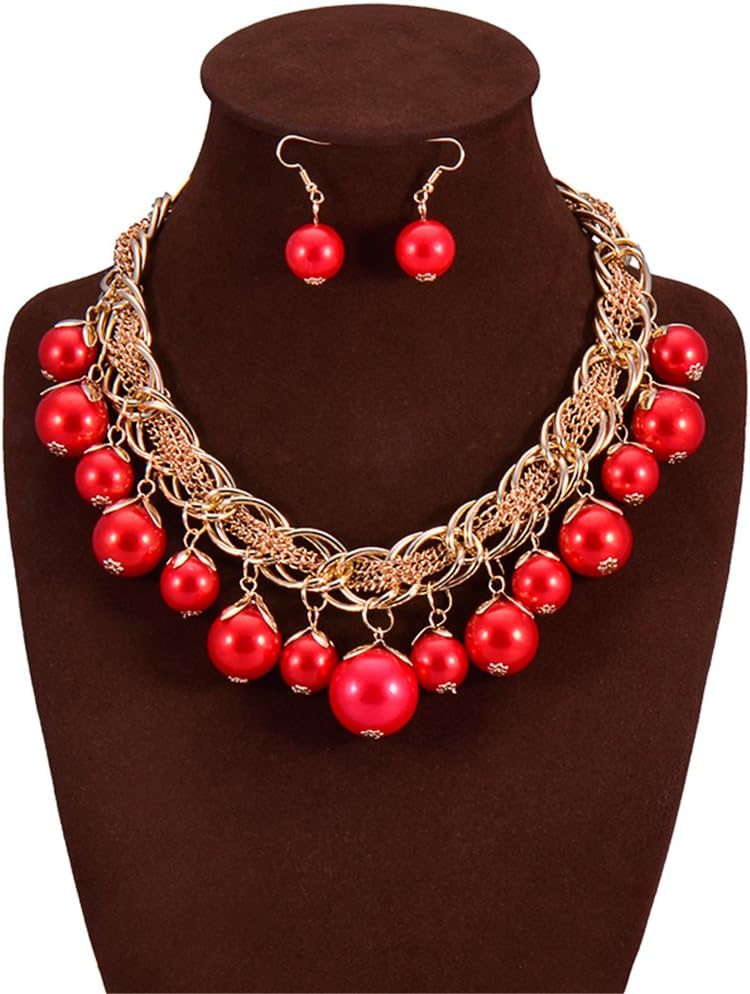GBLXF Elegant Women's Multi-Row Torsade Fringe White Pearl Bead Chain Bib Necklace
