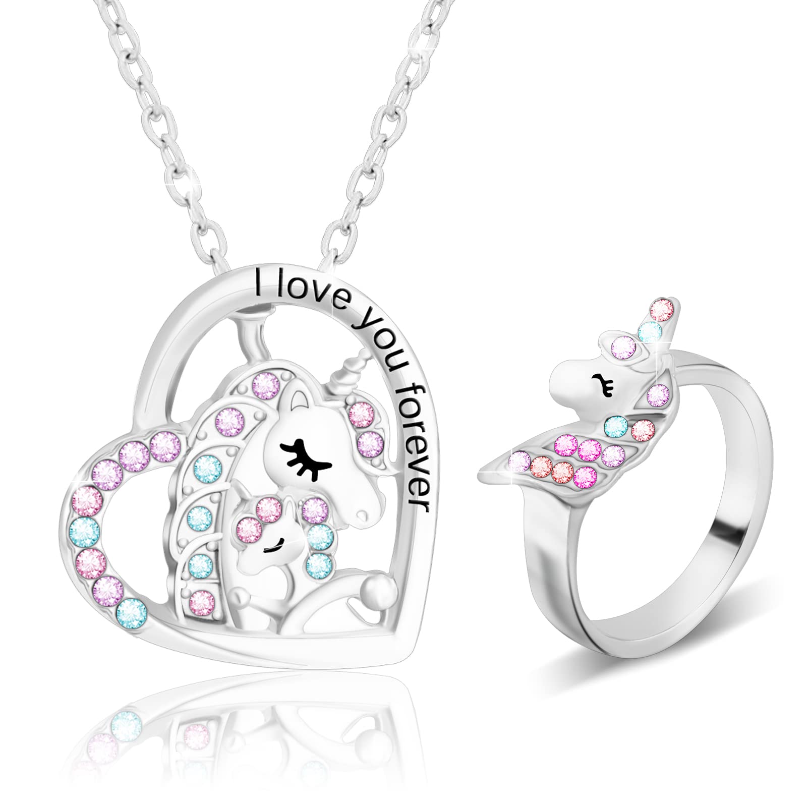 2PCS, Unicorn Necklace Unicorn Ring for Women Girls, CZ Stone Heart Pendant Necklace, Lucky Unicorn Jewelry Gift for Mothers Daughter Sister Granddaughter Teenage Girls, fit Christmas Birthday Party