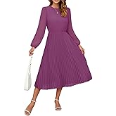 ZESICA Women's Fall Long Sleeve Dresses 2026 Casual Crewneck Chiffon Swing Pleated A Line Cocktail Party Midi Dress