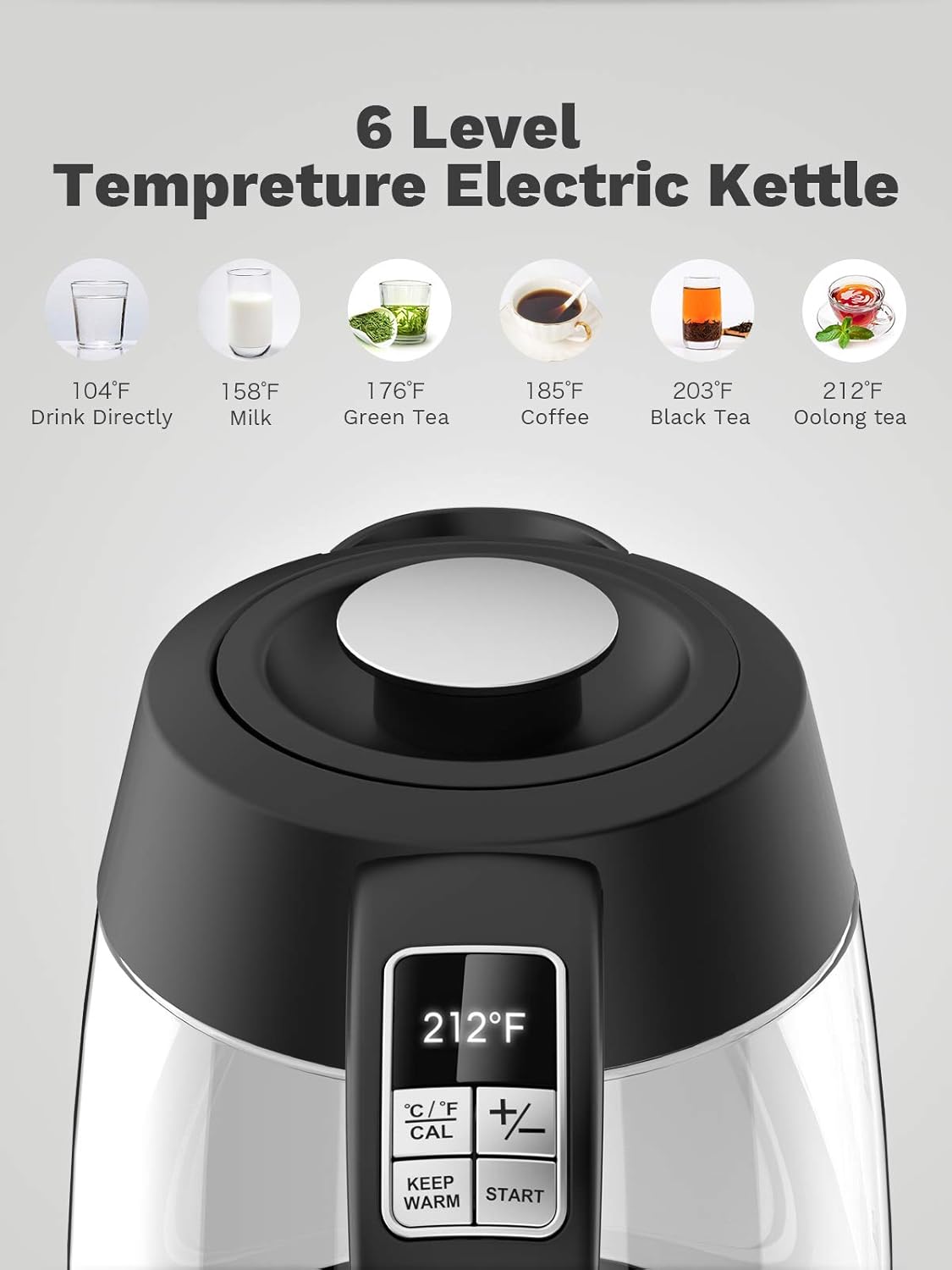 MILIN Electric Kettle, Hot Water Glass Kettle, 6 Level Temperature Control, 1.7L, Cordless with LED Indicator, 1500W, Auto Shut-Off and Boil-Dry Protection: Kitchen & Dining