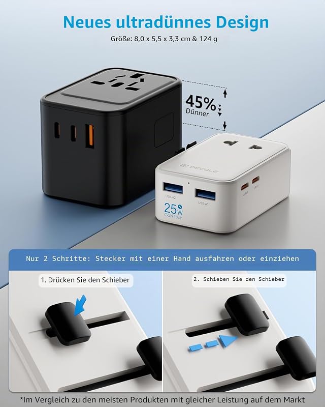 “Air” Reiseadapter Weltweit Dünn mit 2 USB-C (PD 25W) ＆ 2 USB-A — Foto 3 von 8