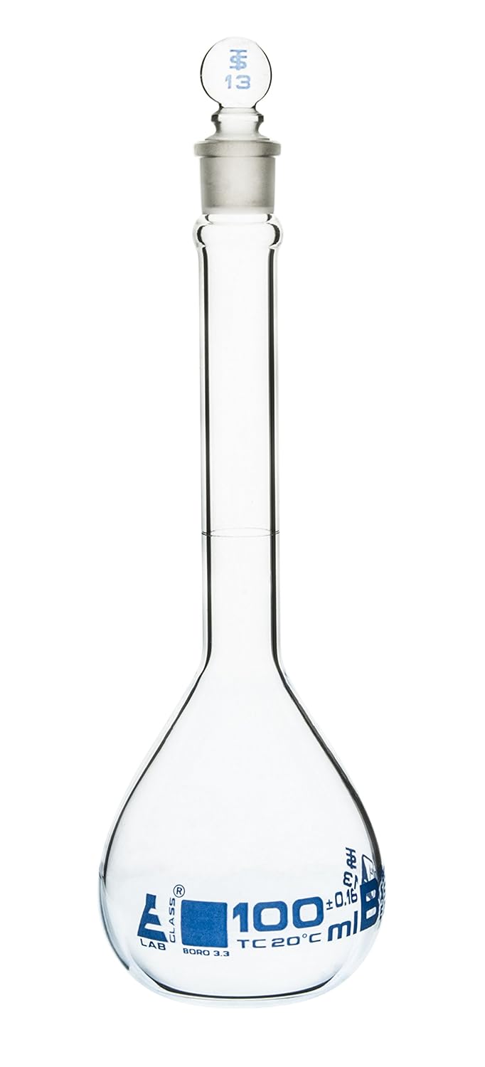 100mL ASTM Volumetric Flask with Glass Stopper; Class B Premium Eisco Labs Borosilicate Glass