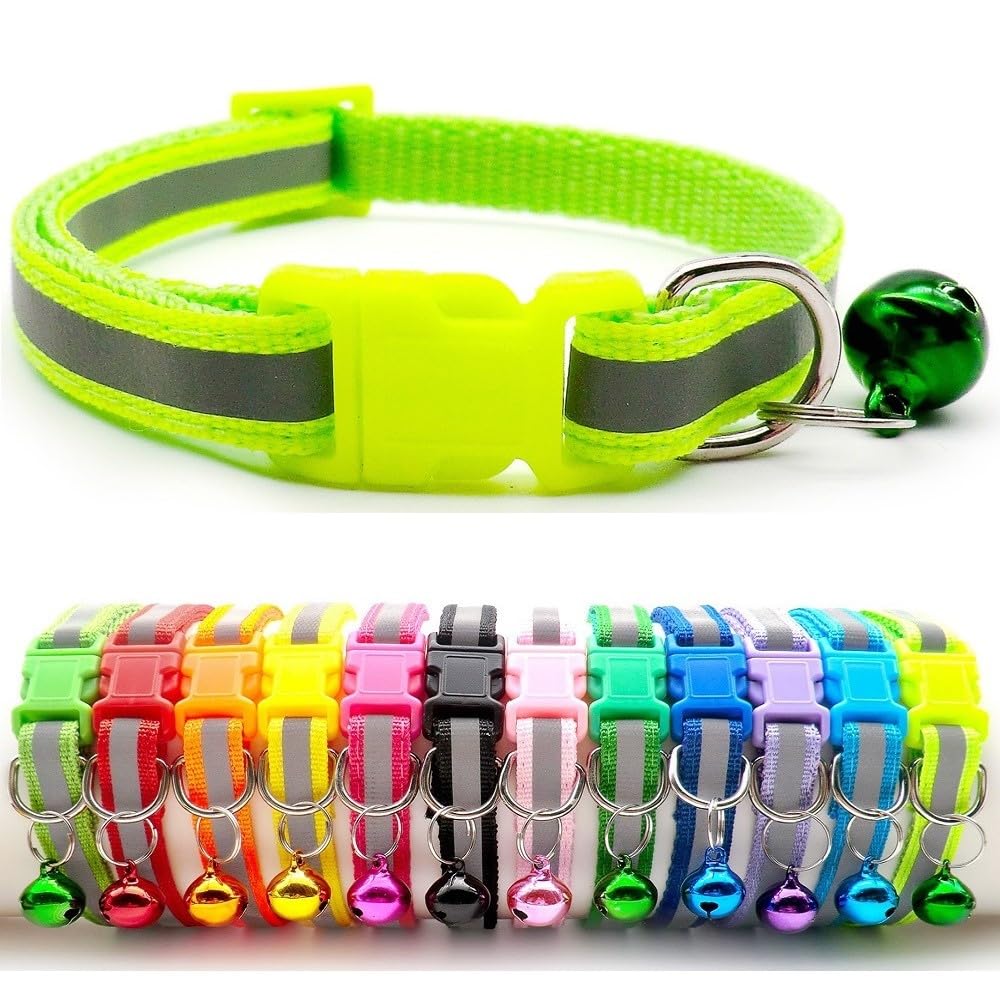 Small Dog Puppy Pet Collar Reflective Hi-Vis Strip with Bell Nylon Adjustable Size 19-32cm Bright Green