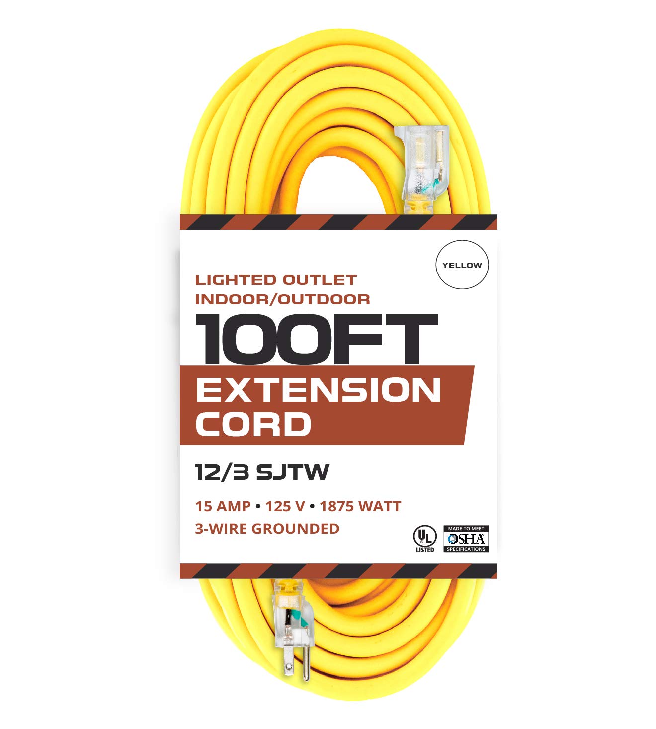 Outdoor Extension Cord - 12/3 SJTW Heavy Duty Yellow 3 Prong Extension Cable - Great for Garden and Major Appliances (100 Foot - Yellow)