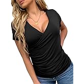 VOIANLIMO Women's Summer Tops Short Sleeve Slim Fitted Deep V Neck Cross Wrap Tunic T-Shirt Side ruched Shirring Tees