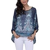 Ckikiou Plus Size Batwing Flowy Semi Sheer Chiffon Blouse Tunic for Women Summer Floral Print Boho Beach Cover ups