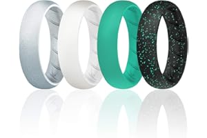 ROQ Silicone Rings for Women, Breathable Silicone Rings, Sets of 4 Bands, Unique Silicone Wedding Ring for Women, Medical Grade Silicone Rubber Band - Black, White, Turquoise Colors - Size 8