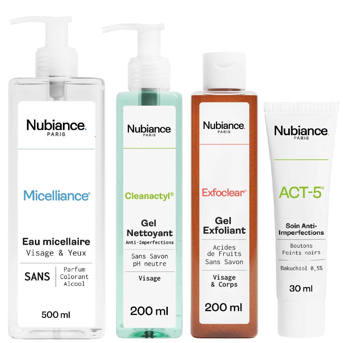 NUBIANCE - Treatment of acne, whiteheads, blackheads - Combination skin - Promotes sebum drainage - Micellar water - Face and body scrub - Face cleansing gel - Corrective cream - Full routine