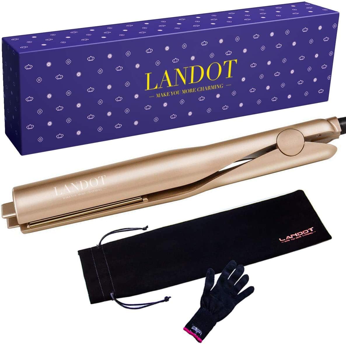 LANDOT Hair Straightener and Curler 2 in 1, Professional Twist Straightening Curling Flat Iron for Hair, Dual Voltage Hair Styling Tools with 3D 1 Inch Titanium Plate Gold Color: Health & Personal Care