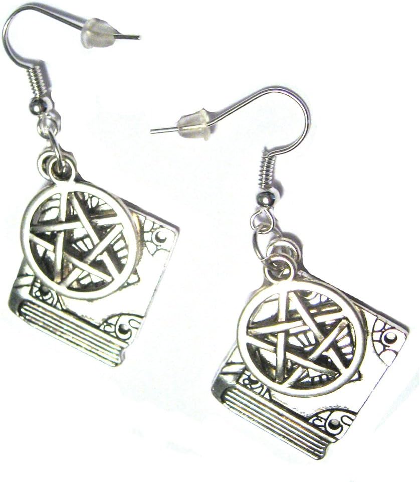 Pentagram Magic Spell Book Wicca Witchcraft Silver Plated Charm Hook Earrings