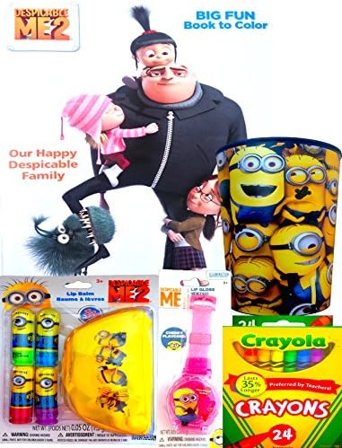 Despicable Me Arts and Crafts Toys and Games Coloring Book with Crayons Includes Cute Regular Drinking Minion Cup with 4 Lip Balm and Storage with Bonus Lip Gloss Watch !
