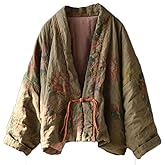 NFYM Women's Short Quilted Jacket Printed Open Front V-Neck Shawl Collar Drop Shoulder Vintage Outwear
