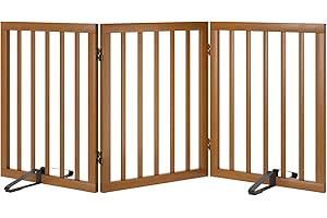 Mino Kesper Freestanding Pet Gate Foldable Dog Gate (55 inches Wide) Walnut Bamboo Dog Gates for Stairs Doorways House (2 Support Feet Included)