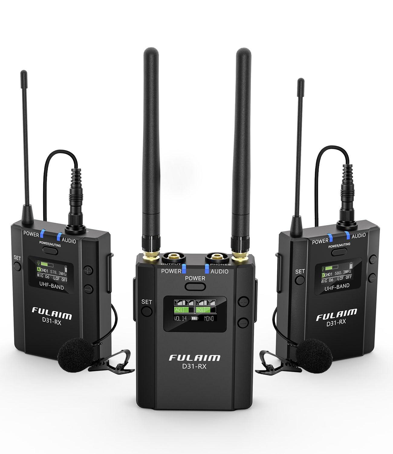 FULAIM D31 UHF Wireless Lavalier Microphone System, 40-Channel Professional Omnidirectional Wireless Lapel Mic for DSLR Camera Smartphone YouTube Interview Vlogging Conference Field Recording - 2TX