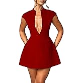 LuFeng Women's Summer Sexy Cap Sleeve Deep V Neck Zipper A-line Mini Dress Hollow Bodycon Night Out Party Dress