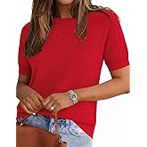 Tisfeer Short Sleeve Sweater for Women 2026 Spring Summer Crew Neck Eyelet Knit Shirts Loose Fit Lady Casual Blouse Tunics