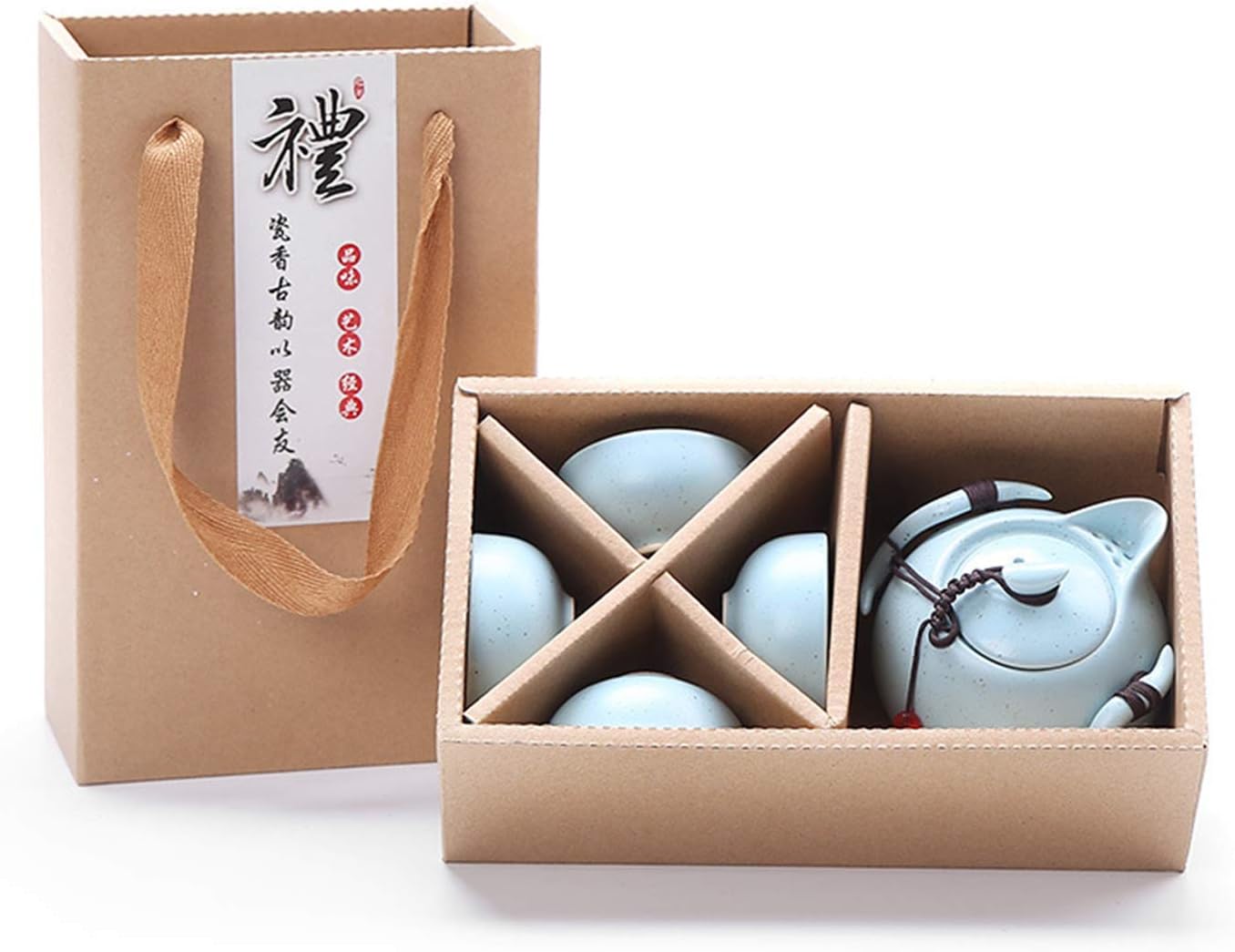 Hoobar Ceramic Kung Fu Tea Set,Colorful Portable Teapot Set with 4 Cups and Gift Package,Perfect for Family, Friends and Tea Lovers (Blue)