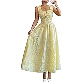 winkbay Women's Summer Tie Front Jacquard Maxi Dress Cute Square Neck Flowy Beach Sundress Wedding Guest Dresses