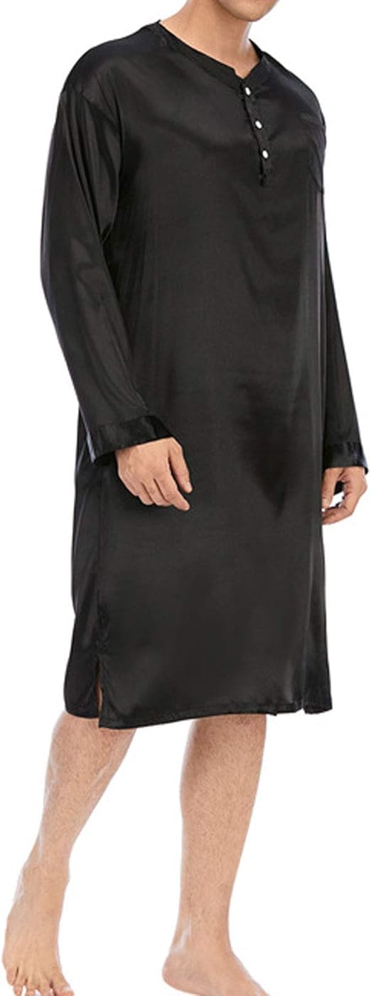 Mens Pajama Dress Ice Silk VNeck Long Sleeve Soft Loose Fit Nightgown
