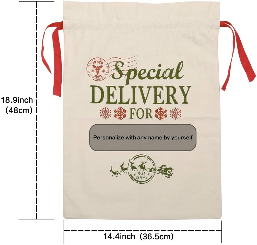 2 Pack Santa Sacks Personalised Canvas Bags Small Medium with Red Drawstring for Xmas Stockings Stuffers Presents Holder & Party Decorations For kids (18.9’’ X 14.4’’) - Image 3