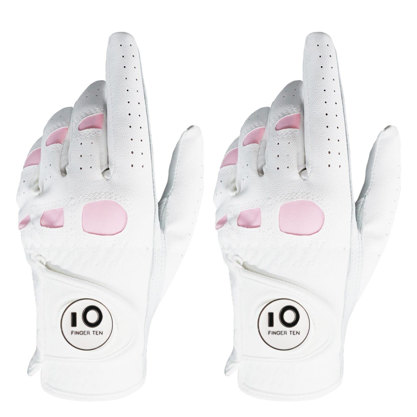 FINGER TEN Golf Gloves Ladies Left Hand Right Cabretta Leather with Ball Marker Value 2 Pack, Women Golf Glove Rain Grip All Weather Wear Resistant (L, 2 Pack (Worn on Left Hand) — image 1