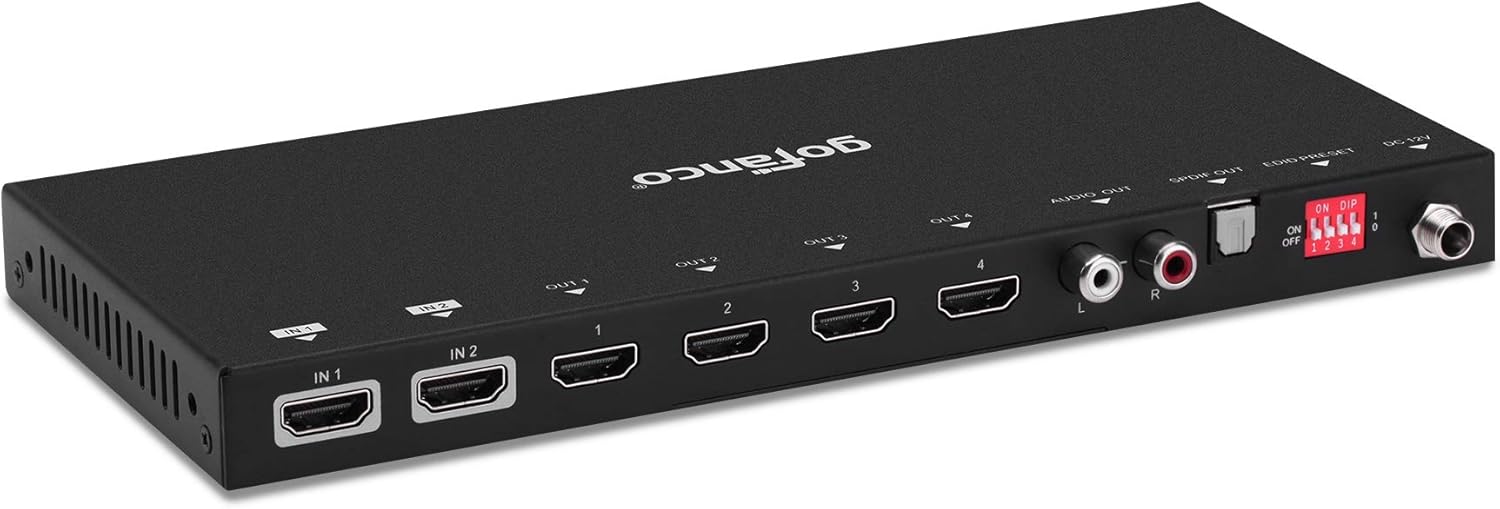 gofanco HDMI 2.0 2x4 Switcher Splitter with Audio Extractor – 4K 60Hz YUV 4:4:4, Auto Downscaling, HDR, HDCP 2.2/1.4, 18Gbps, EDID, Audio Converter to L/R RCA & Toslink, 2 in 4 Out (HDSplit24): Electronics