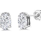 Gem Stone King 925 Sterling Silver Moissanite and White Diamond Stud Earrings For Women (1.87 Cttw, Gemstone Birthstone, Oval 7X5MM)