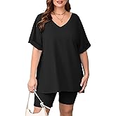 AusLook Women's Plus Size 2 Piece Short Outfits Set Short Sleeve Tops and Shorts Pants Sleepwear Lounge Pajamas Matching Set