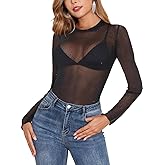 YYA Sparkly Mesh Top for Women Long Sleeve Round Neck Mesh Shirt Sheer Shiny Top Solid Floral Tee Shirts S-XXL