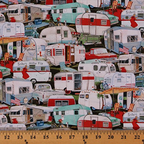 Cotton Vintage Trailers Campers Vacation Homes Trucks Lawn Chairs Cotton Fabric Print by the Yard (3505)