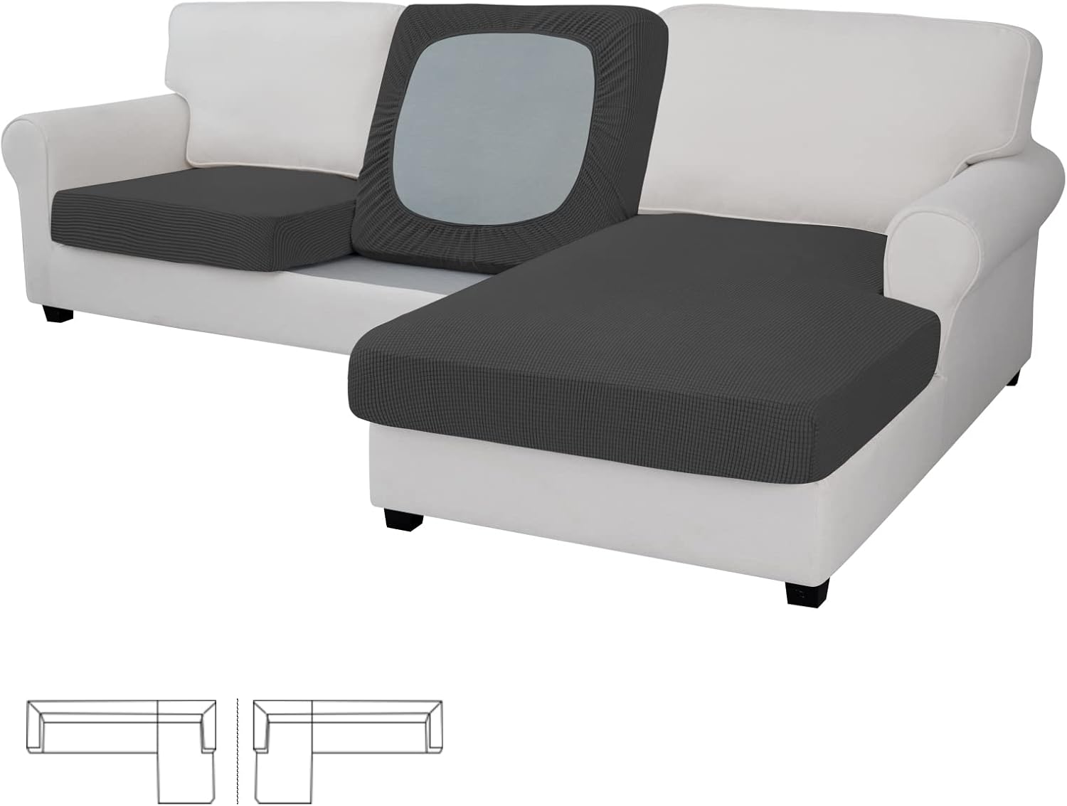 Slipcovers - Easy-Going Stretch 3 Pieces Couch Cushion Covers for Sectional Sofa Left/Right L Shape Chaise Lounge Sofa Seat slipcover Anti-Slip Sofa Cover Soft (2 Seater + 1 Chaise, Dark Gray)