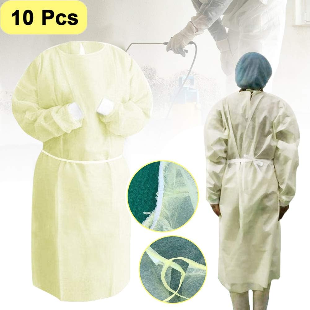 CHERRYSONG Isolation Gowns, Disposable Gowns,Yellow Protective Gowns, Examination Gowns, Knit Cuff Non Woven, Fluid Resistant,one Size fits All(10 Packs, Light Yellow)