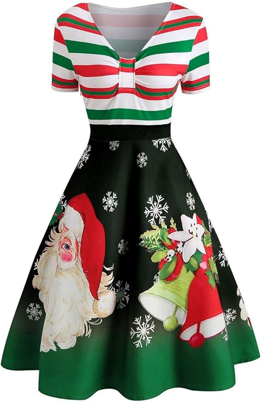 Women's VNeck Striped Retro Vintage Style Cocktail Party Swing Dresses