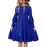 Yoklass Girls Smocked Dress Casual Puff Long Sleeve Ruffle Neck Dresses 4-13 Years