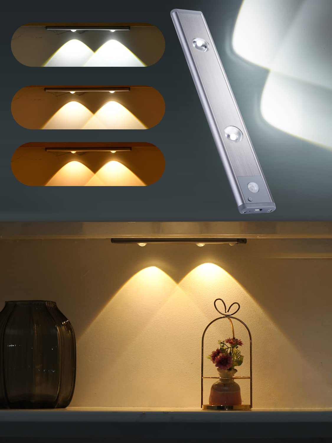 3 Colors Rechargeable Under Cabinet Lighting Wireless, Motion Sensor ...