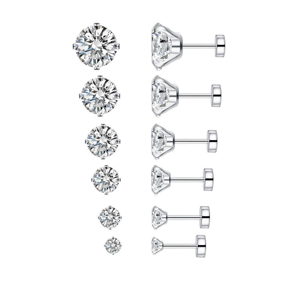 6 Pairs 18G Stainless Steel Cubic Zirconia Stud Earrings for Women Men Cartilage Ear Piercings Helix Tragus Flat Screw Backs 3mm 4mm 5mm 6mm 7mm 8mm Set
