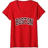 Womens Boston Arched Style Red with Black Text V-Neck T-Shirt
