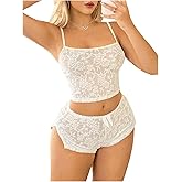 SweatyRocks Women's 2 Piece Pajama Sets Textured Crop Camisole Top and Short Summer Lounge Set