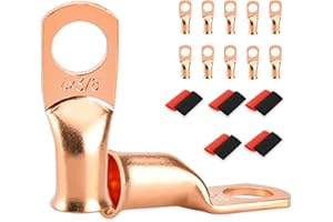 SDZONGES 10 PCS Battery Terminal Connectors, Battery Cable Ends Lugs, 4 Gauge Wire Connectors, 4 AWG 3/8" Stud Ring Terminals, Copper Wire Lugs with Heat Shrink Tubing.