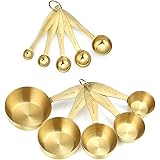 Gold Measuring Cups and Spoons Set, Stainless Steel 10 Piece Set, Stackable 5 Measuring Cups and 5 Measuring Spoons with 2 Ri