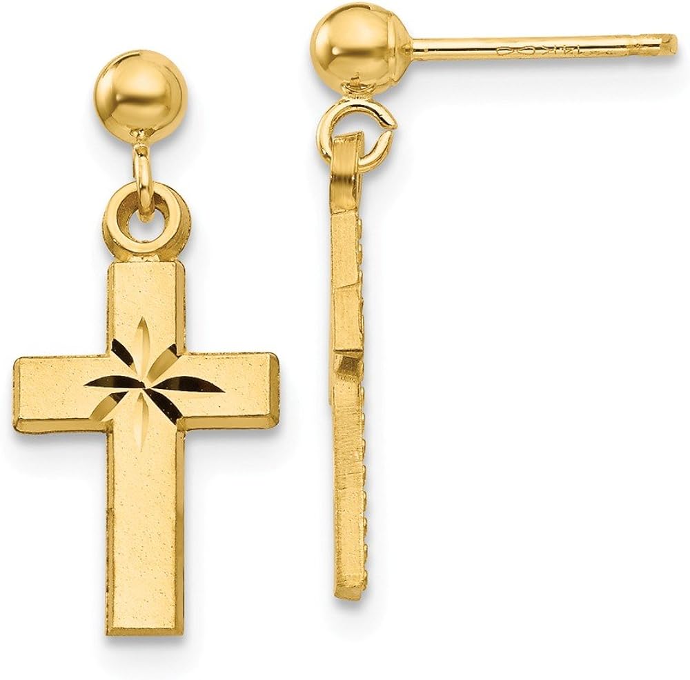 14K Yellow Gold Satin & Diamond Cut Cross Earrings Jewelry