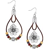 MINACHI Statement Boho Drop Earrings with Silver Floral Charm and Colorful Beads, Handmade Leather Loop Earrings for Women