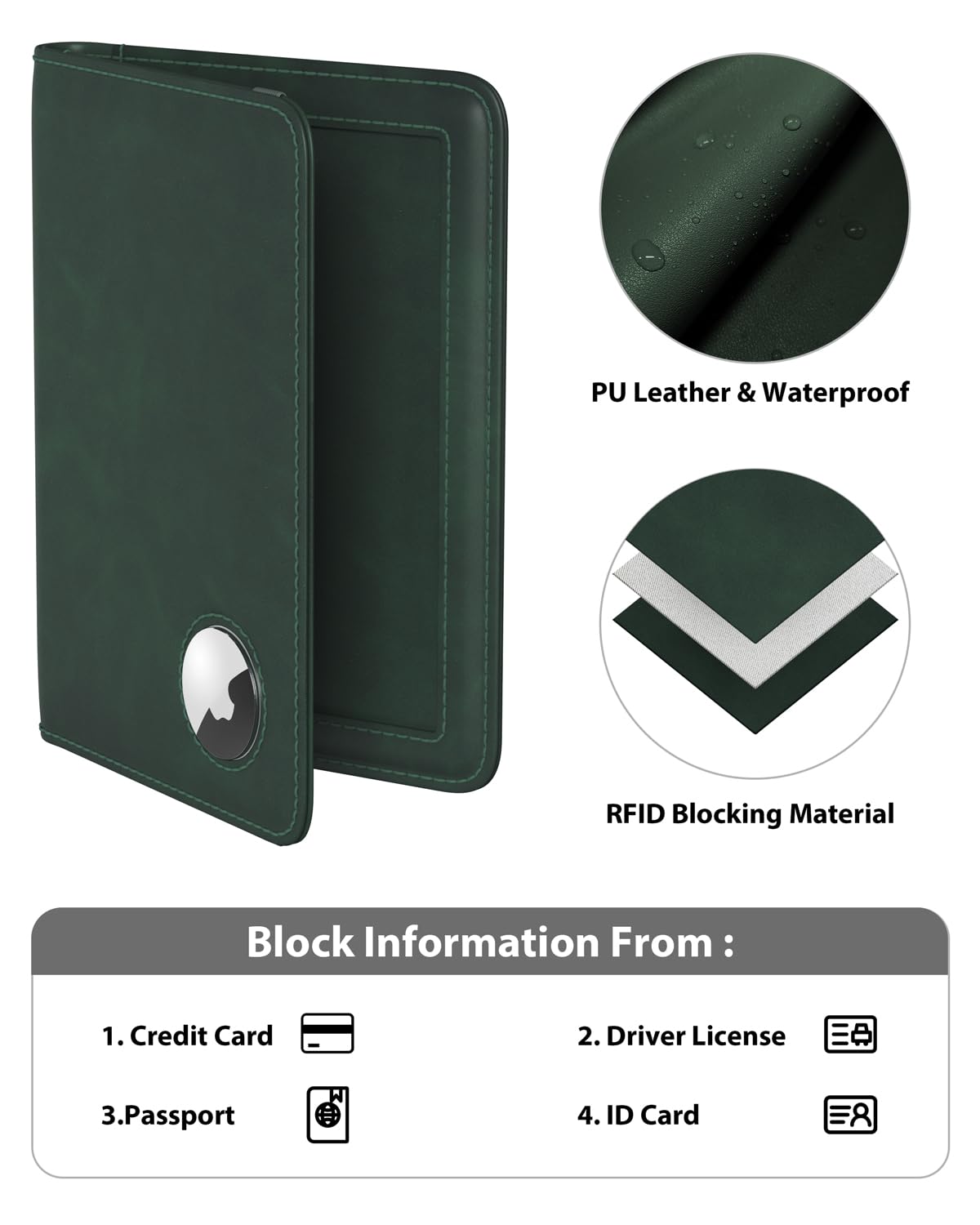 Stouchi Passport Holder with Airtag Slot, Airtag Passport Wallet for Men, Slim Leather Passport Holder Case Family for Travel Anti-Lost, Green