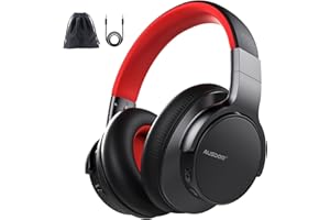 AUSDOM Bluetooth Noise Cancelling Headphones: E7 Wireless Over Ear ANC Headphones with Microphone, 50H Playtime, Hi-Fi Stereo Sound, Comfortable Earpads for Travel Work Adults, Black Red