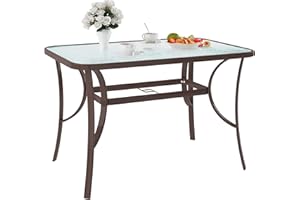 SogesPower Outdoor Tempered Glass Table Patio Dining Table with Umbrella Hole Steel Frame 47 inch Brown