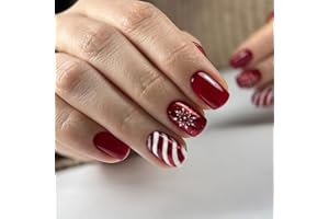 JNRNALI Christmas Red Press on Nails Short Square Fake Nails, Winter Xmas Press on Nails Snowflake with Design Glossy False Nails Christmas Glue on nails Christmas Acrylic Nails for Women 24Pcs