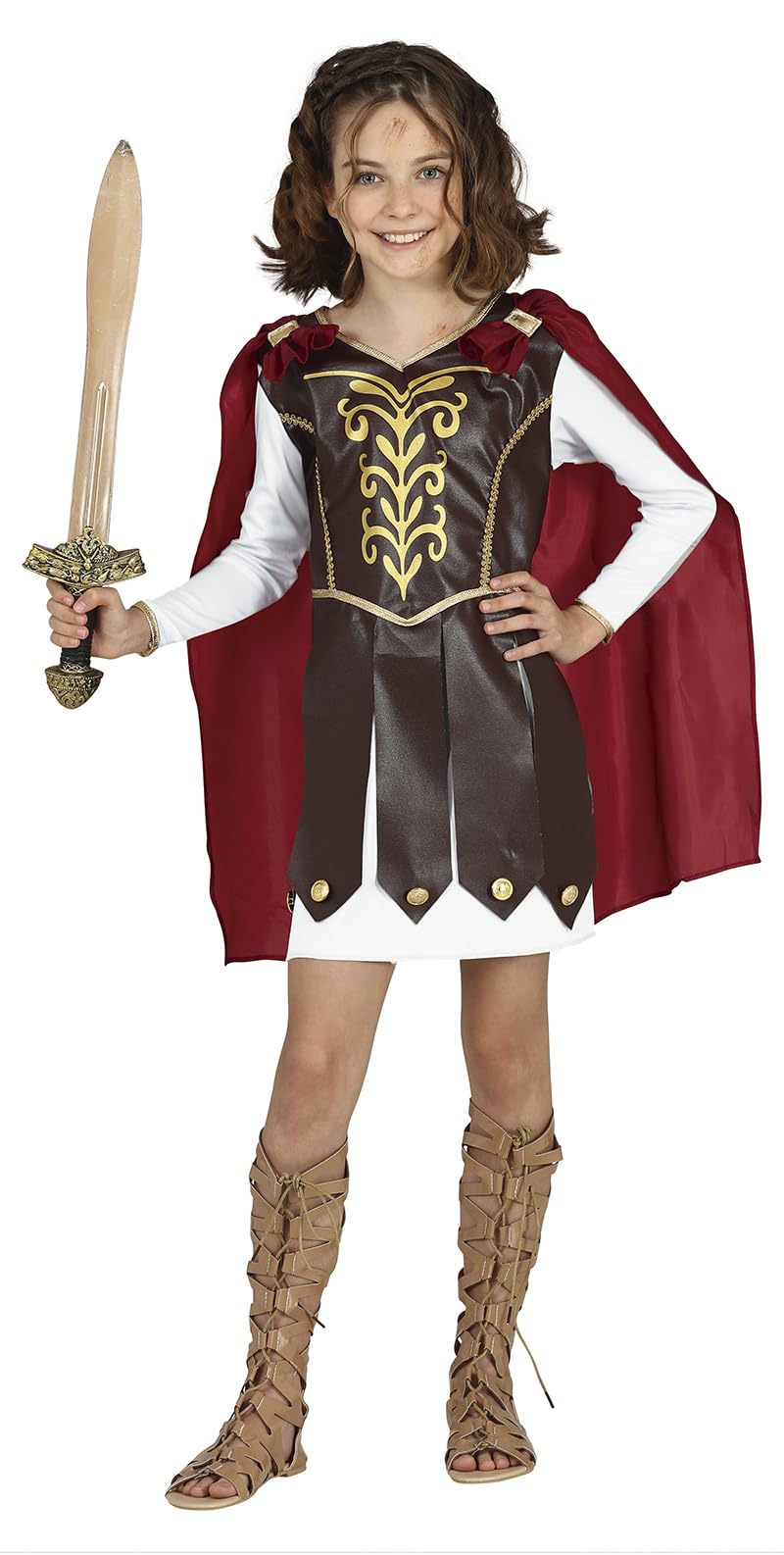 FIESTAS GUIRCA Gladiator Girls Fancy Dress Costume - Dress with Golden Details and Red Cape for Children 10-12 Years