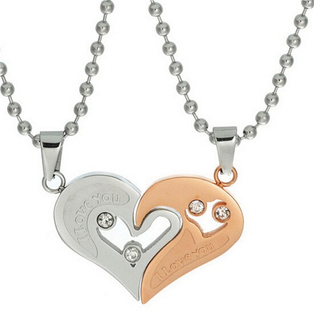 Uloveido 2pcs Couple Necklace Stainless Steel Pendant Heart Cz Puzzle Matching Set I Love You Gift Box (Rose Gold) SN102